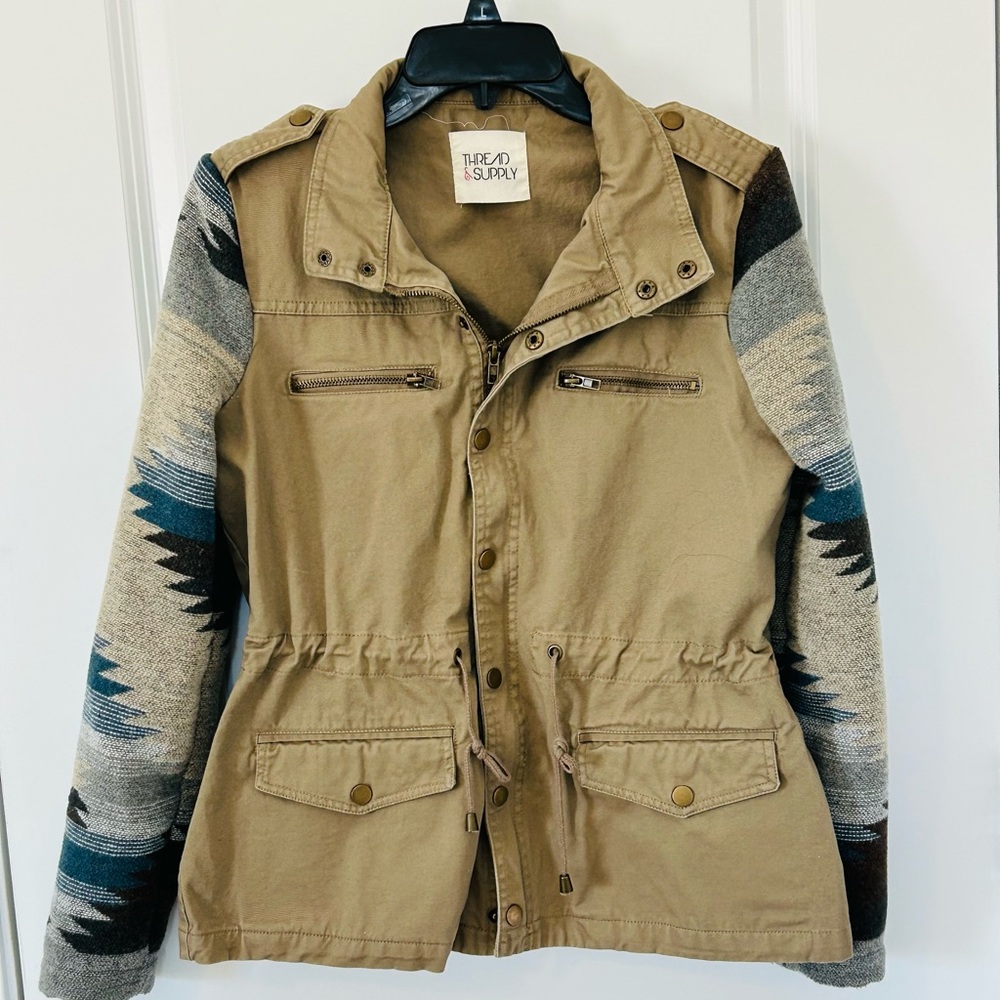 Thread & Supply Tan Jacket with Patterned Sleeves